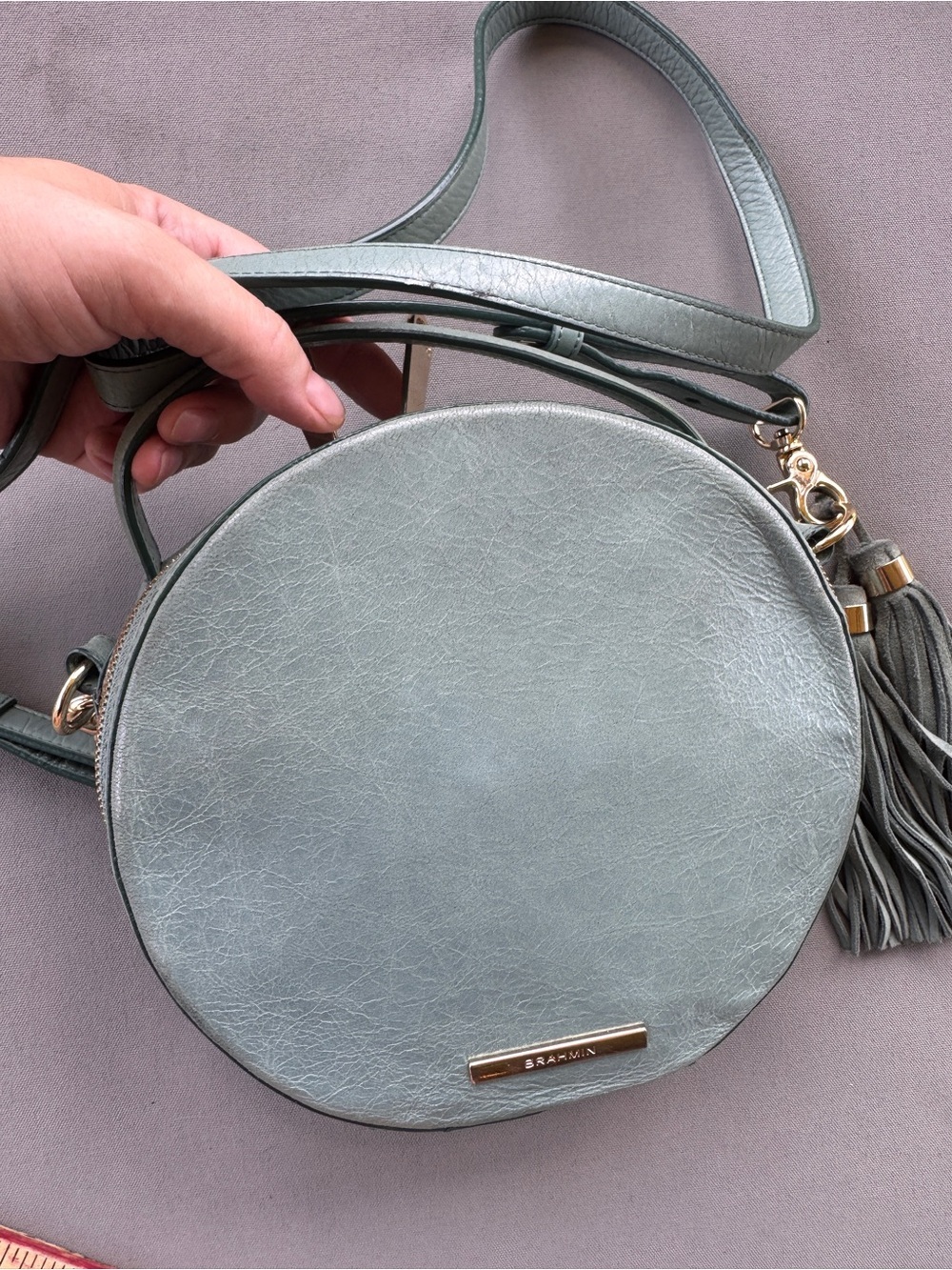 Brahmin Lane Circle Crossbody Bag Sage Green Leather Round Tassel Top Handle - Picture 11 of 16